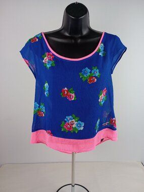 Hollister Womens S Blue Pink Floral Button Down Back Sheer Short Sleeve Blouse